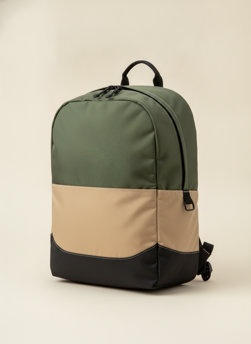 AI backpack design generator result: an unbranded everyday daypack in matte nylon, colour-blocked into an olive main body, a sand lower panel and a black wrapped base, photographed three quarters on against a pale studio background