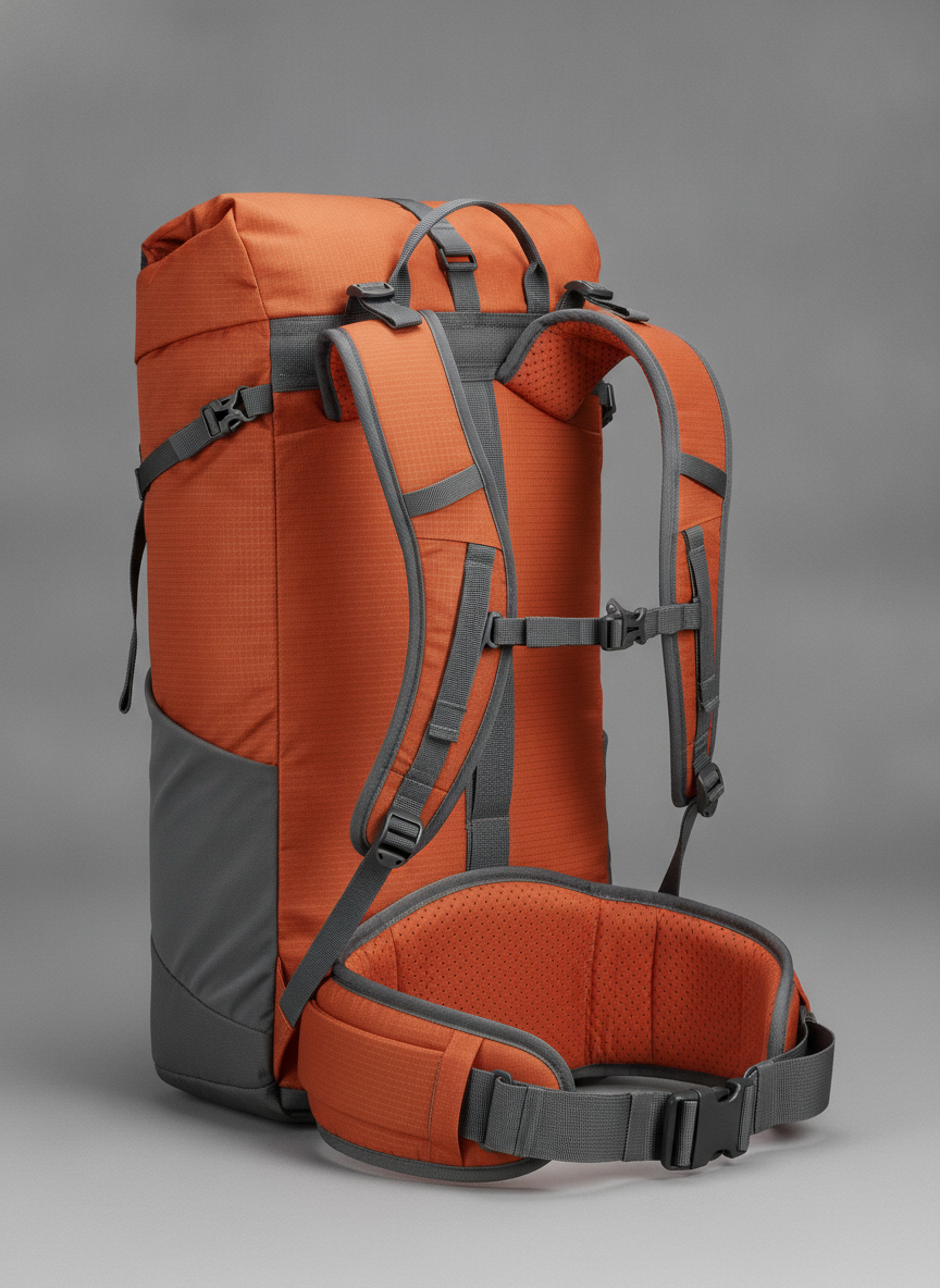 A fifty litre technical hiking backpack shot from a three quarter rear angle so the harness faces the camera: burnt orange perforated foam shoulder straps and a deep padded hip belt, grey webbing with load lifters and plain buckles, a rolltop closure and an orange ripstop body sitting on a charcoal grey reinforced base panel
