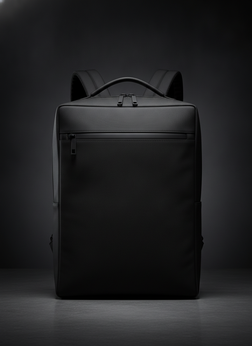 A structured laptop commuter backpack in a single near-black ballistic nylon, square silhouette with crisp corners, a full width water resistant zip below the top edge and slim padded shoulder straps, lit against a dark graduated background so the seams almost disappear into the body