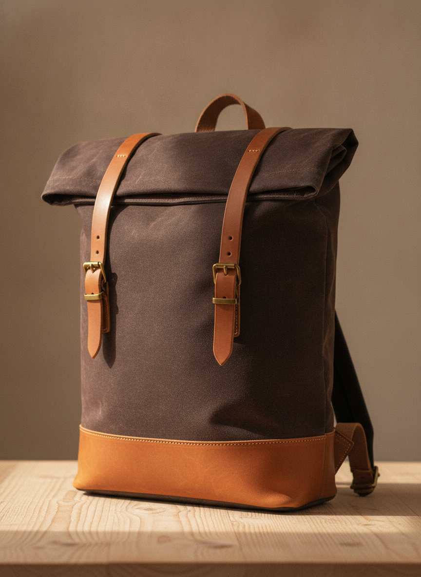 A waxed cotton canvas rolltop backpack in dark tobacco brown standing on a pale wooden surface, rolled down and closed with two tan leather straps and solid brass buckles, with a deep tan leather base panel and visible creasing and wax bloom across the canvas