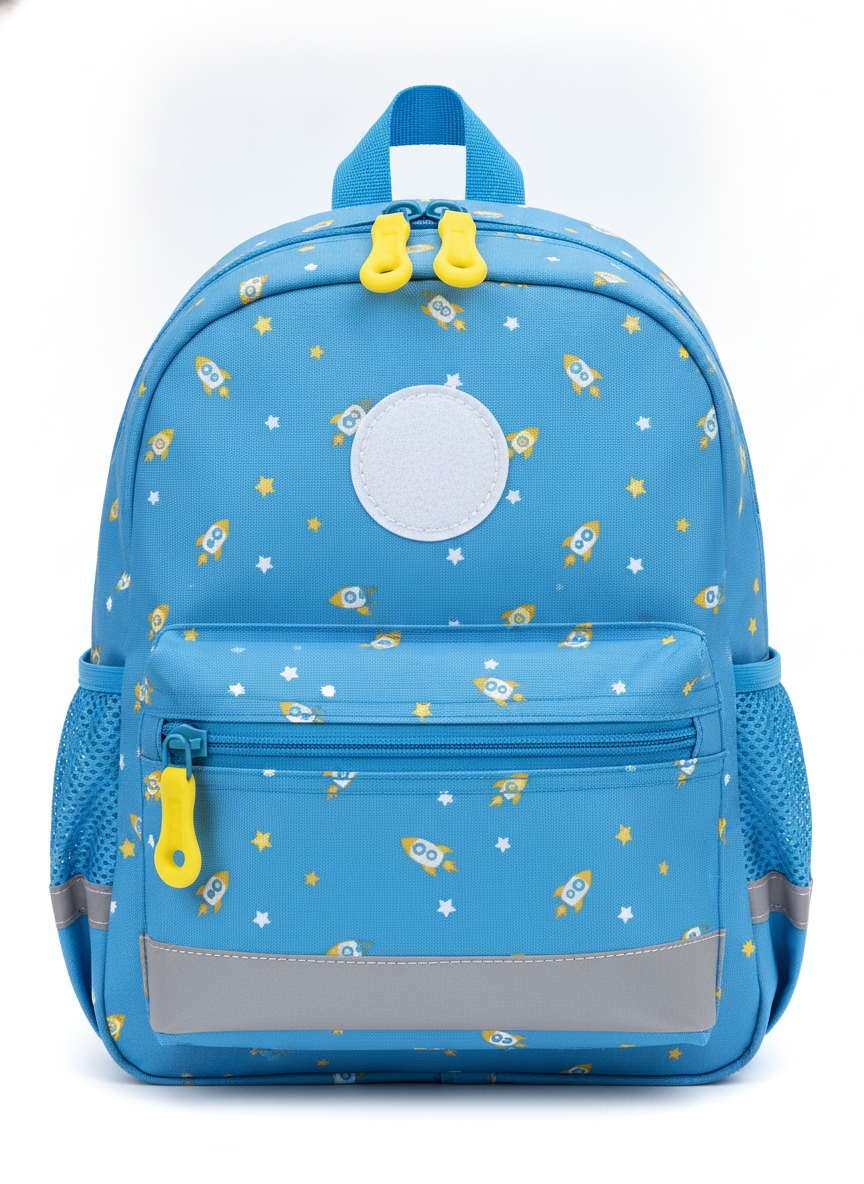 A small childrens school backpack in cornflower blue with an allover print of yellow cartoon rockets and white stars, oversized yellow easy-grip zip pulls, blue stretch mesh bottle pockets, a grey reflective band across the lower front and a blank white circular patch sewn to the upper front panel