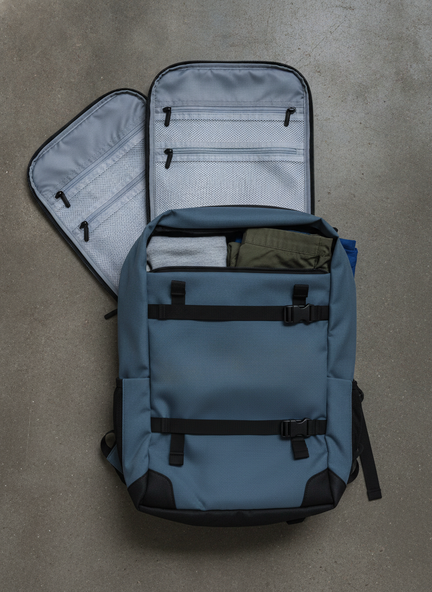 A forty litre slate blue travel backpack photographed from directly above lying open on a concrete floor, its clamshell lid folded back to show a pale grey mesh lining with flat zip pockets, black webbing compression straps buckled across the main compartment and folded clothing visible above them