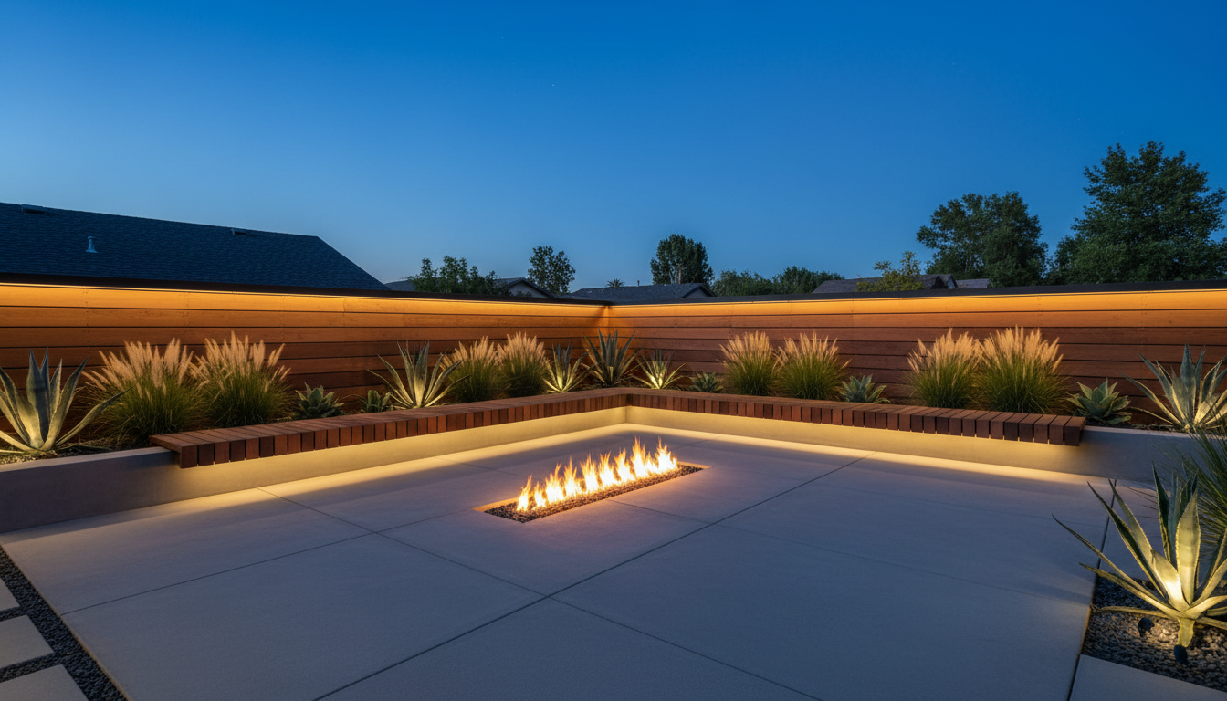 Modern minimalist patio with a linear fire pit created with AI backyard design