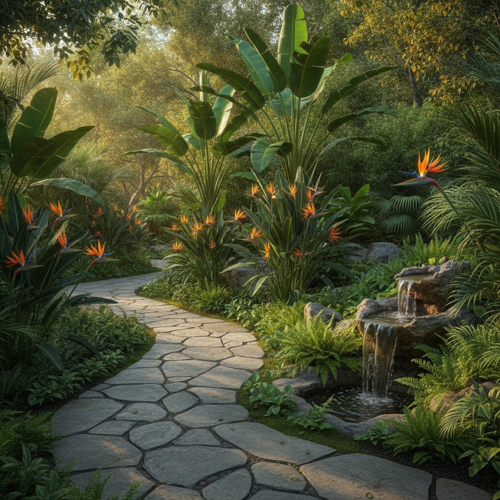 Lush tropical garden layout with a flagstone path produced by AI backyard design
