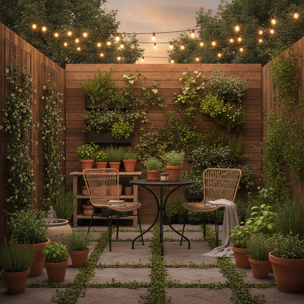 Cozy small urban patio with a vertical garden wall planned using AI backyard design