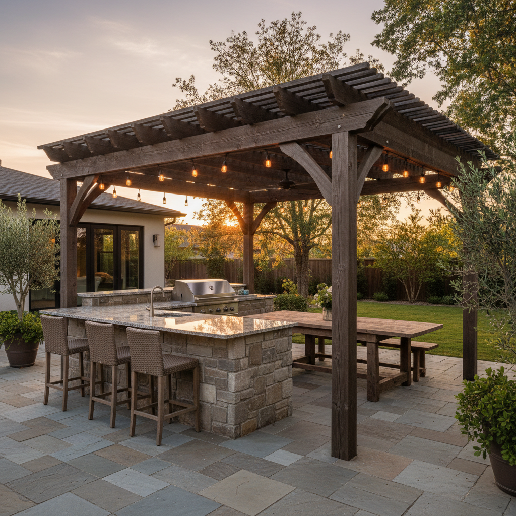 Outdoor kitchen and pergola dining area rendered by AI backyard design