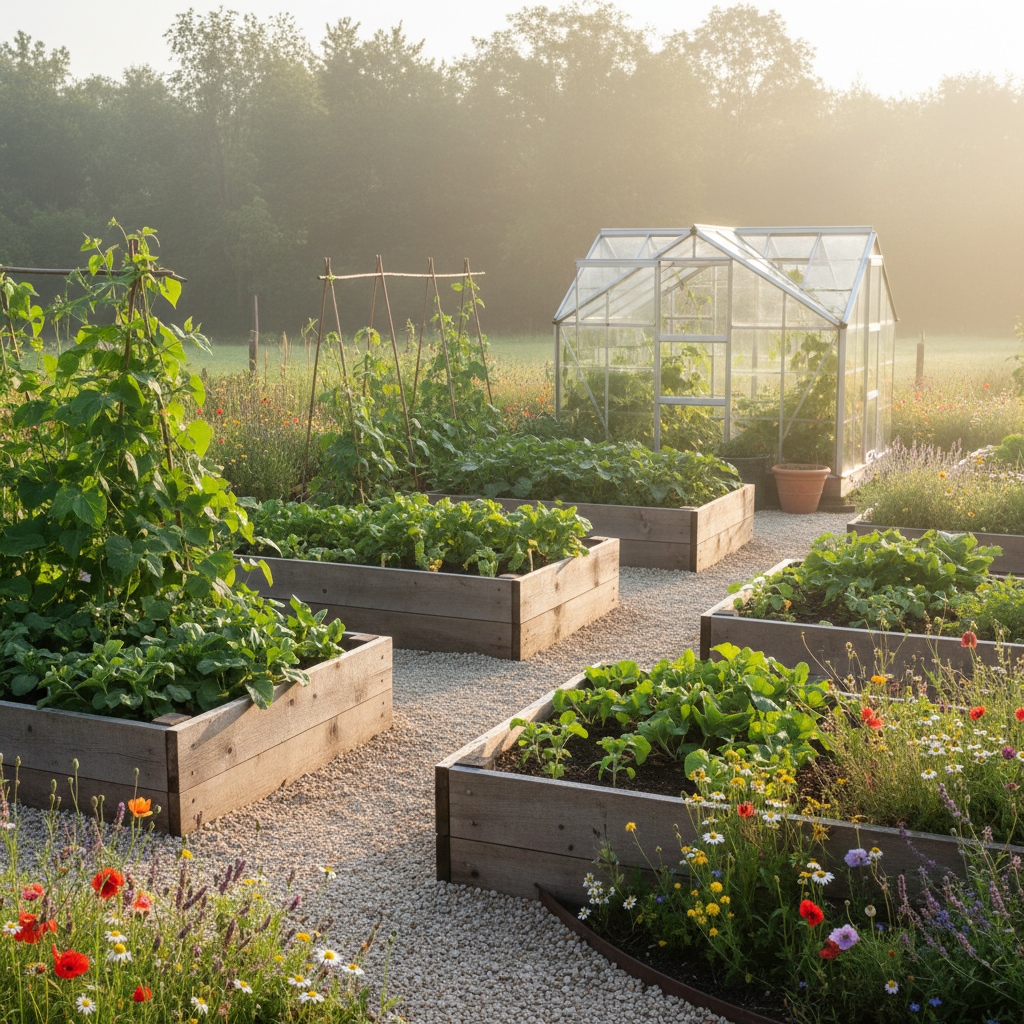 Raised-bed vegetable garden and greenhouse layout from AI backyard design