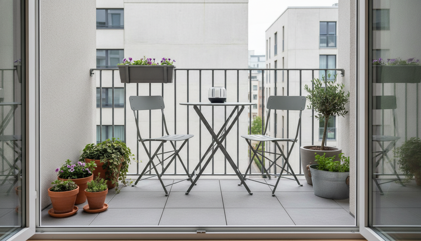 AI balcony design generator result: a small city apartment balcony seen straight out through the open door, with a round bistro table, two folding metal chairs, a painted steel baluster railing, a railing planter and terracotta pots along the floor. This preset asked in plain words for a balcony four feet deep where the chairs touch the railing and no walkway is left, and what came back is comfortably bigger than that, with clear floor in front of the table and room to walk around both chairs. The railing is the more serious drift: the top rail sits at roughly the height of the chair backs, which reads near thirty four inches rather than the forty two the prompt asked for and most codes require, and no post meets the floor on a visible base plate. The two halves of the balcony are also near mirror images of each other, pots left and pots right, which is not how a real four foot ledge fills up.