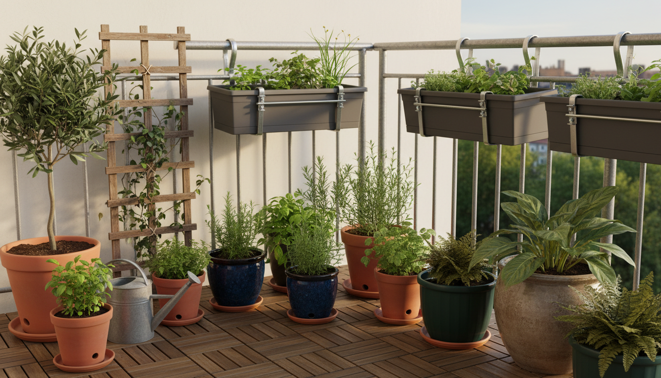 AI balcony design generator result: a balcony container garden with rectangular planters hooked over the railing, terracotta and glazed pots of herbs on timber decking tiles, a small olive tree and a timber trellis on the wall. The hardware is the win here. Every railing planter is carried by two visible steel clamp brackets hooked over the top rail and tightened with visible screws, drawn consistently across all four boxes, and every floor pot sits in its own saucer with a drainage hole visible at the base. Three things drifted. The planters were asked to hang on the outside of the railing where they belong and all of them hang inside over the floor, the pots were asked to run along one side only and instead run right across the full width so there is nowhere left to stand, and the trellis leans against the wall with its lower end lost behind a pot rather than being screwed flat to it at four corners.