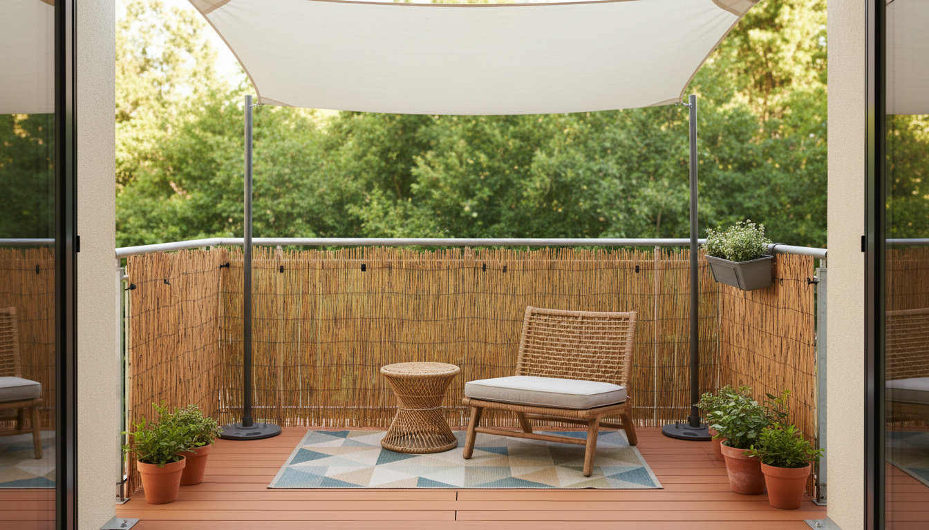 AI balcony design generator result: a balcony set up for shade and privacy, with a reed screen tied along the inside of the railing, a square shade sail overhead on two upright poles, a low woven lounge chair, a round side table and a flat geometric outdoor rug. The fixings came back properly again: the screen is tied to the top rail and to the posts with visible clips along its whole length, and both sail poles stand in visible round weighted base plates on the deck. The failure is the one thing the frame exists for. The sail is stretched right across the top of the image and the floor underneath it carries no shadow at all, evenly lit from edge to edge, so the shade has been drawn as an object rather than as an effect. The composition is mirrored once more, pole and pots left, pole and pots right, and the far corners of the sail leave the frame without ever showing what they are anchored to.