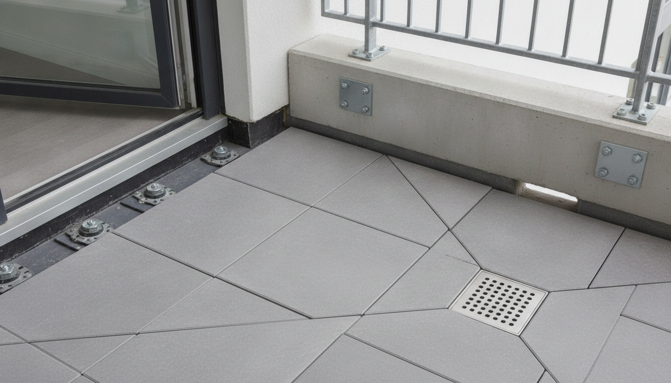 AI balcony design generator result: a low angle construction photograph of a balcony floor and railing base, showing porcelain paving on adjustable pedestals, a dark waterproofing upstand running along the base of the wall and under the door threshold, a square stainless drain grate set flush in the paving and railing posts on bolted base plates. This is the strongest frame on the page and the reason it is here is that it was told to make the construction the subject and keep every stick of furniture out. Three railing posts stand on square steel plates with four visible bolts each, the pedestal heads are exposed where the paving stops, the paving is mitre cut so the joints radiate into the drain, and a rectangular scupper opening passes through the base of the parapet. The drain still sits out in the middle of the field rather than at the low outer corner it was asked for, and the fall itself is invisible, so the floor reads flat while the cut of the tiles says otherwise.