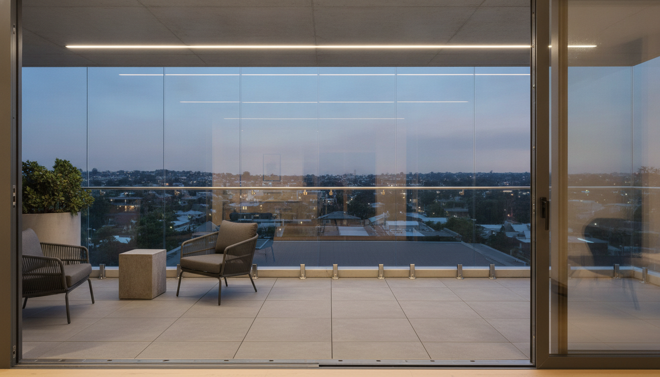 AI balcony design generator result: a high rise balcony at dusk with a glass balustrade on stainless spigots, two low woven armchairs and a concrete side table grouped at one end, large format porcelain paving and a linear light recessed into the ceiling soffit above. This is the only frame in the set that obeyed the request for an asymmetric layout, with the furniture pushed to the left and the right hand end deliberately left empty, and it is worth noting because the other four rooms came back mirrored. It is also the frame that quietly stopped being a balcony. The brief asked for a waist height frameless balustrade capped by a slim round handrail, and the glass instead runs unbroken from the slab to the ceiling soffit with no cap rail anywhere, which turns an open edge into a sealed glass box. There is nothing to lean on, nothing to open and no weather, and a balcony with no open edge is a room.