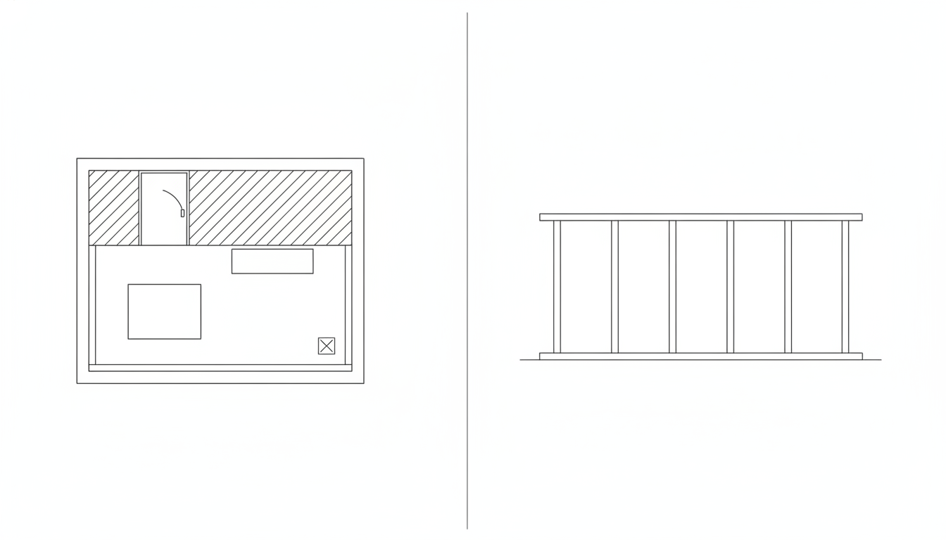 AI balcony design generator result: a flat black line drawing with a balcony floor plan on the left and a railing elevation on the right, the building wall hatched, a door with an open swing arc, a square drain symbol in one corner and five equal posts under a continuous top rail. Two instructions landed exactly. The door swing is drawn as a genuine open arc rather than being closed into a circle, which is now the third page in a row that clause has fixed, and the elevation returned exactly the five posts it was asked for at equal spacing. The plan is the weak half. The railing was asked to run as a continuous double line along three sides and it appears along the bottom only, with the two ends closed off by lines that read as walls, so the drawing describes a small enclosed room with a drain in it. The floor line under the elevation also runs past the outer post at both ends for the sixth consecutive page in this series.