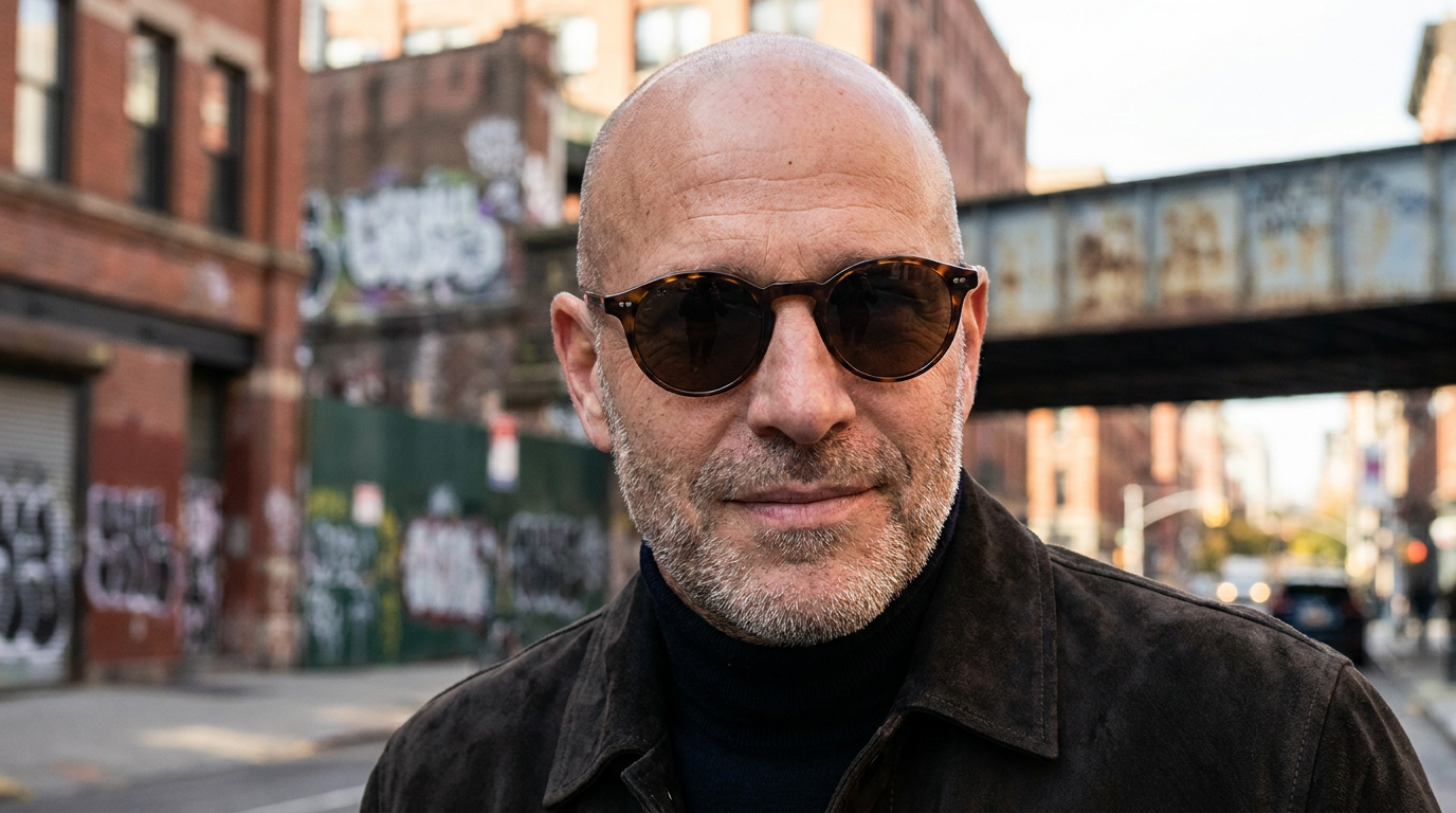 Stylish bald man with sunglasses and a smooth shaved head made with the AI bald generator