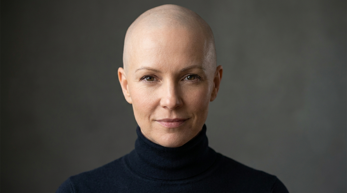 Confident woman with a boldly shaved smooth bald head created with the AI bald generator