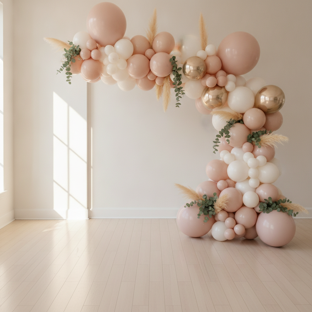 AI balloon arch generator result: an organic balloon garland in blush pink, cream, sand and pale gold chrome sweeping across the top of a bright room and cascading down the right side to a pale wooden floor, with eucalyptus sprigs and dried pampas tucked between the balloons in soft window light. The build is genuinely installable: the balloon sizes are properly mixed, small balloons fill every gap, the cascade thickens as it reaches the floor exactly as a weighted garland does, and no frame or line shows through. Two drifts. The wide doorway the prompt asked it to frame came back as a flat blank wall panel with no opening in it, which makes it a backdrop rather than an entrance. And the gold chrome balloons carry smooth vague highlights instead of mirroring the room, so they read as glossy paint rather than chrome.