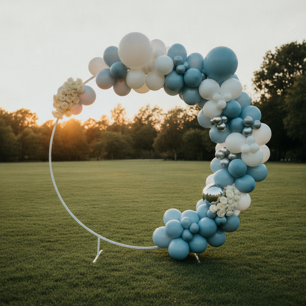 AI balloon arch generator result: a circular balloon moon gate on a lawn at golden hour, a white metal hoop on a visible stand with its feet on the grass, wrapped in an organic garland of white, dusty blue and silver chrome balloons with clusters of white roses at each end of the garland and a blurred treeline behind. The chrome is the win here, with one large silver balloon genuinely mirroring the field and the low sun. Two drifts. The garland grew outward beyond the line of the hoop, so the silhouette reads as a thick crescent rather than the clean open circle a moon gate is bought for. And the long shadows the prompt asked for never appeared, so the installation sits on the grass without a cast shadow anywhere.