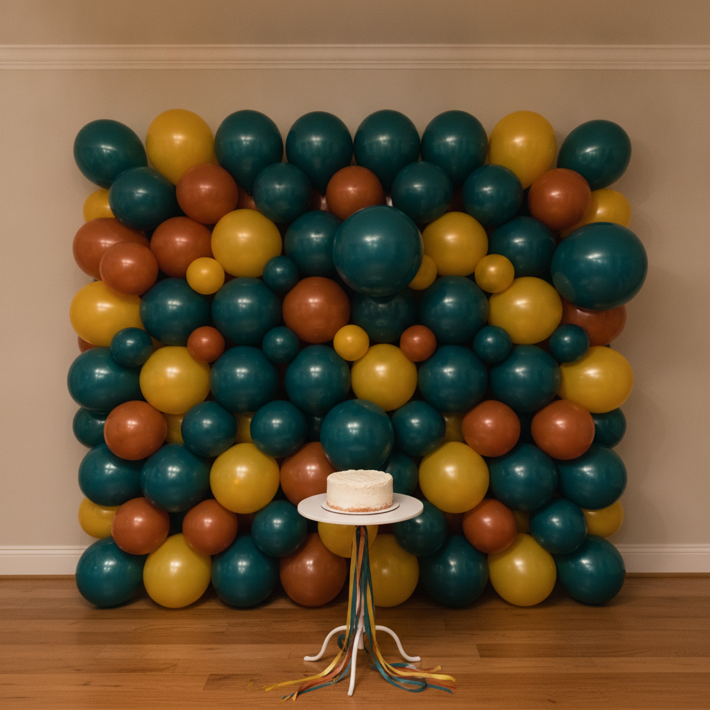 AI balloon arch generator result: a dense rectangular balloon backdrop wall in deep teal, mustard yellow and terracotta covering a section of a home dining room wall from floor height to above head height, with a small round white table and a plain frosted cake in front of it under warm evening light. The coverage instruction landed perfectly: the panel is packed edge to edge with no wall showing through and clean rectangular edges. Three drifts. The gold chrome balloons asked for in the palette are missing entirely, so the panel is all matte. The balloons fell into near-regular rows, which reads as a tiled wall rather than an organic install. And the curling ribbon tails, which were meant to fall from the balloons, came back tied to the legs of the cake table instead.