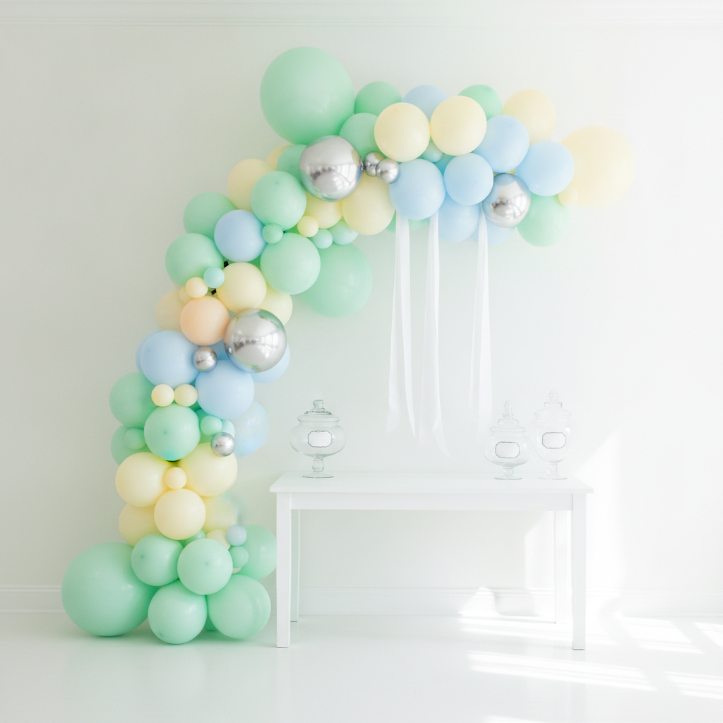 AI balloon arch generator result: a pastel baby shower balloon garland in mint, pale lemon, powder blue, white and one peach balloon, sweeping up the left wall and across the top of a bright white room, with three long white satin ribbons hanging from it and a plain white dessert table with empty glass apothecary jars beneath. It is the cleanest styling in the set, the five-inch balloons are genuinely tucked into the gaps, and the white-on-white room lighting is excellent. Three drifts. The soft cloud-shaped cluster the prompt described was dropped and replaced with a standard quarter arch. The pearlised balloons came back as mirror-silver chrome. And each glass jar carries a blank oval label patch, which is the shape of a text element the no-lettering rule stripped the words out of.