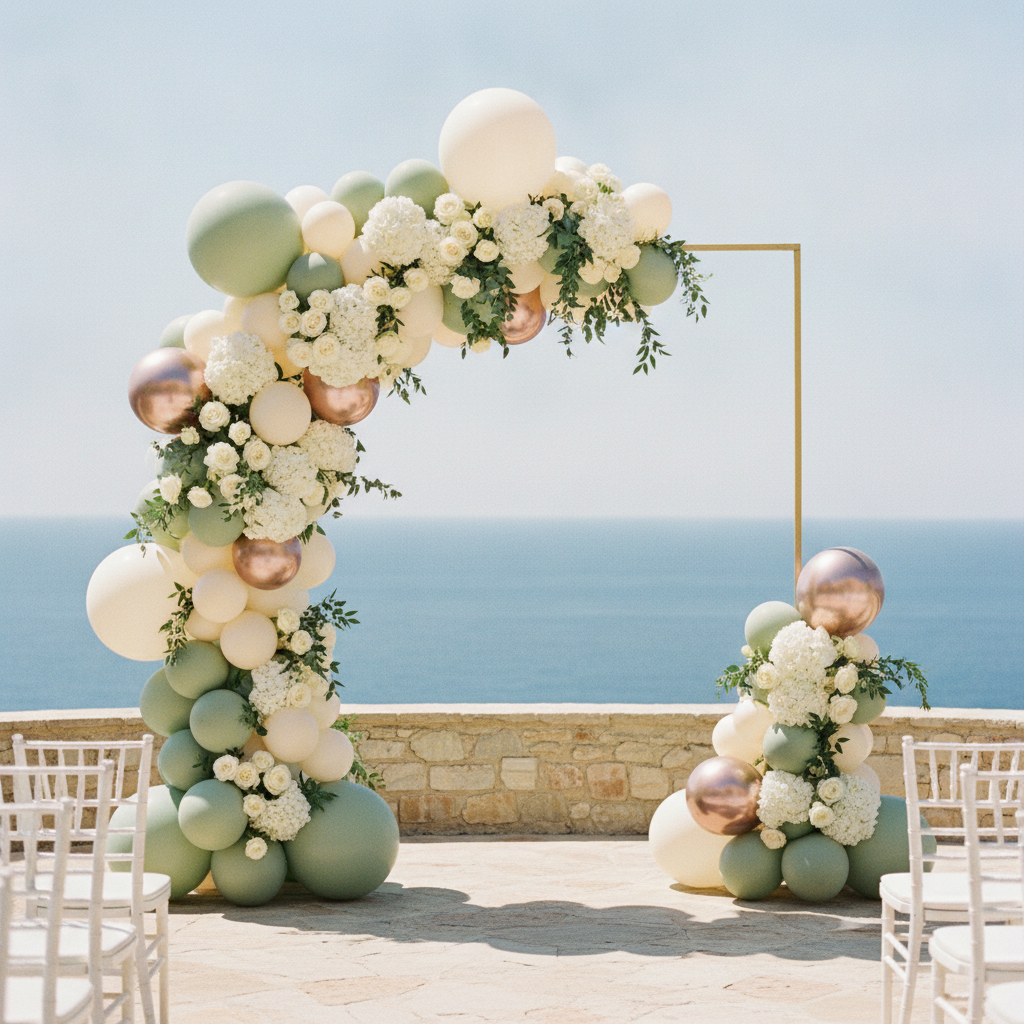 AI balloon arch generator result: an asymmetric wedding ceremony balloon arch on a stone terrace above a blue sea, in ivory, champagne, sage green and rose gold chrome, densely interwoven with white hydrangea, cream roses and trailing greenery, with white chiavari chairs at the edges of the frame and a separate balloon cluster on the lower right. This is the best-looking image of the six and the flower-to-balloon ratio is exactly the half and half that was asked for. Three drifts, all structural. Only one of the two gold poles was drawn, standing to the right of the arch rather than under it, so the frame and the garland do not agree about where the arch is. The right-hand end of the garland therefore terminates in a cluster of hydrangea hanging in mid-air with nothing holding it up. And one large ivory balloon on the left leg is stretched into a flattened oval rather than a sphere.