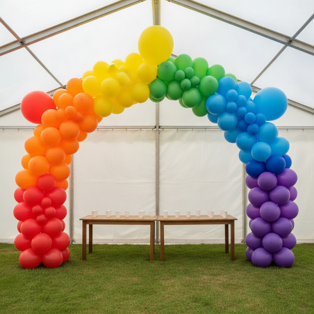 AI balloon arch generator result: a rainbow balloon arch spanning a garden marquee, running in spectrum order from red at the left foot up through orange, yellow and green to blue and violet at the right foot, all matte latex with both feet planted on the grass and a long wooden table of plain paper cups beneath it. This is the most buildable result in the set: two solid legs on the ground, consistent balloon sizing through the legs, correct colour order and not a trace of chrome where none was wanted. Two drifts. The semicircle came back as a pointed gothic peak, with two straight runs meeting at an angle at the top instead of a continuous curve. And the colour bands meet in hard edges rather than the soft four-balloon blend the prompt asked for, with one oversized yellow balloon at the apex stretched into an egg.