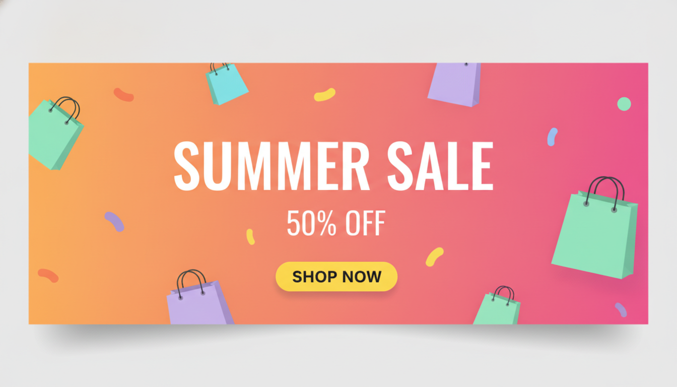 AI banner generator result: a wide web sale banner with a bold summer sale headline, a discount line and a rounded shop now button on an orange gradient