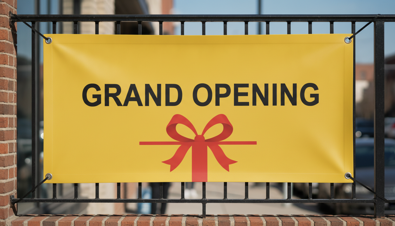 Printed vinyl banner made with the AI banner generator: a grand opening banner in bold black type on yellow, hung across a shop railing with grommets at the corners