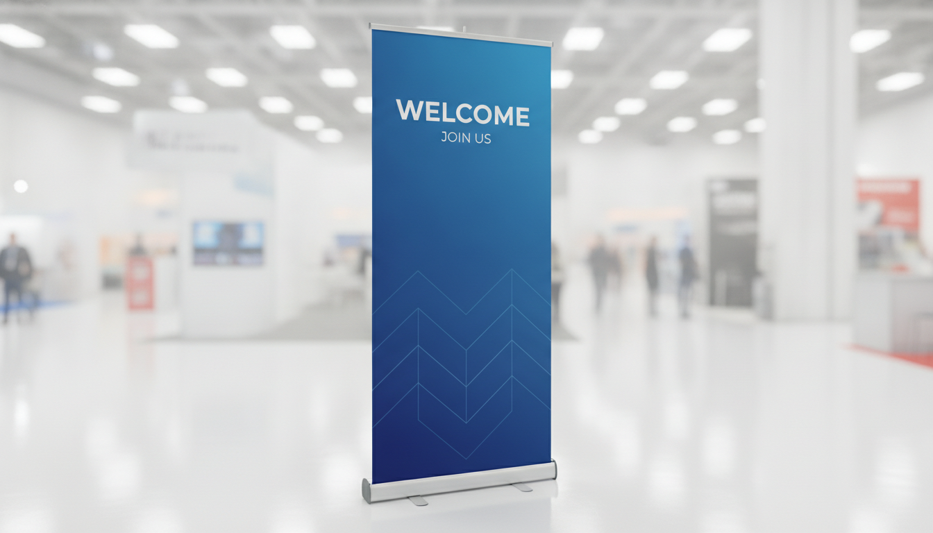 Roll-up banner stand designed by the AI banner generator: a tall pull-up banner with a deep blue gradient and a large welcome headline in an exhibition hall