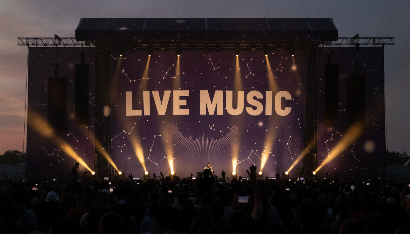 Event backdrop banner from the AI banner generator: a large stage banner reading live music over a night sky illustration, lit by warm stage lights at dusk