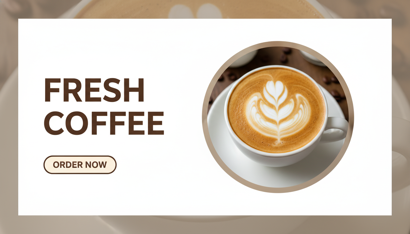 Social media ad banner built with the AI banner generator: a coffee shop advert with a fresh coffee headline, a latte photo and an order now button