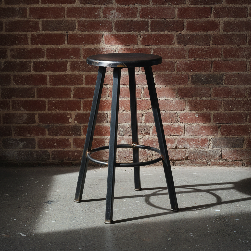 AI bar stool design generator result: a matt black welded steel bar stool with four converging legs and a footrest ring against worn red brick
