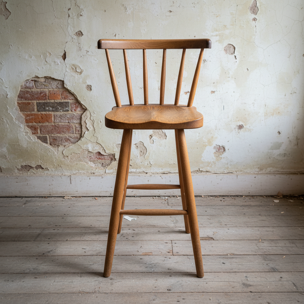 AI bar stool design generator result: a turned oak bar stool with a spindle back and saddle seat against lime plaster crumbling to brick