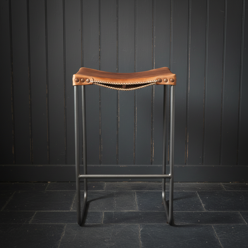 AI bar stool design generator result: a tan leather sling bar stool on a bent steel rod frame against dark charcoal tongue-and-groove boarding