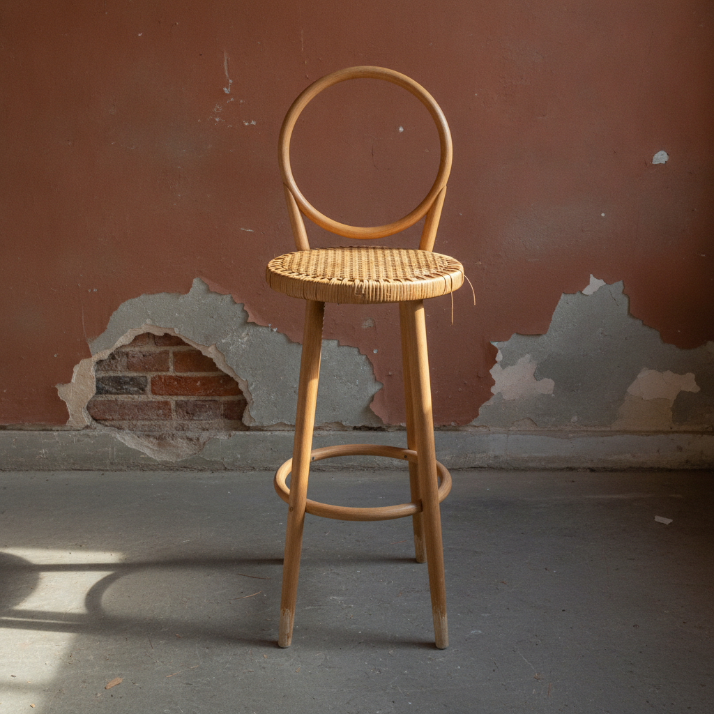 AI bar stool design generator result: a woven cane counter stool with a closed ring back on turned ash legs against a blistered terracotta wall