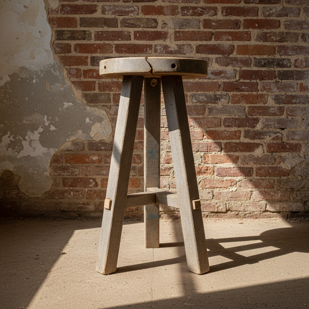 AI bar stool design generator result: a reclaimed elm and oak bar stool with pegs driven right through the legs, against crumbling red brick