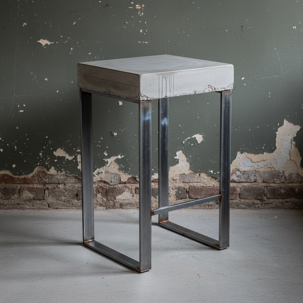 AI bar stool design generator result: a poured concrete and raw steel bar stool on two sled runners against a blistered grey-green limewashed wall