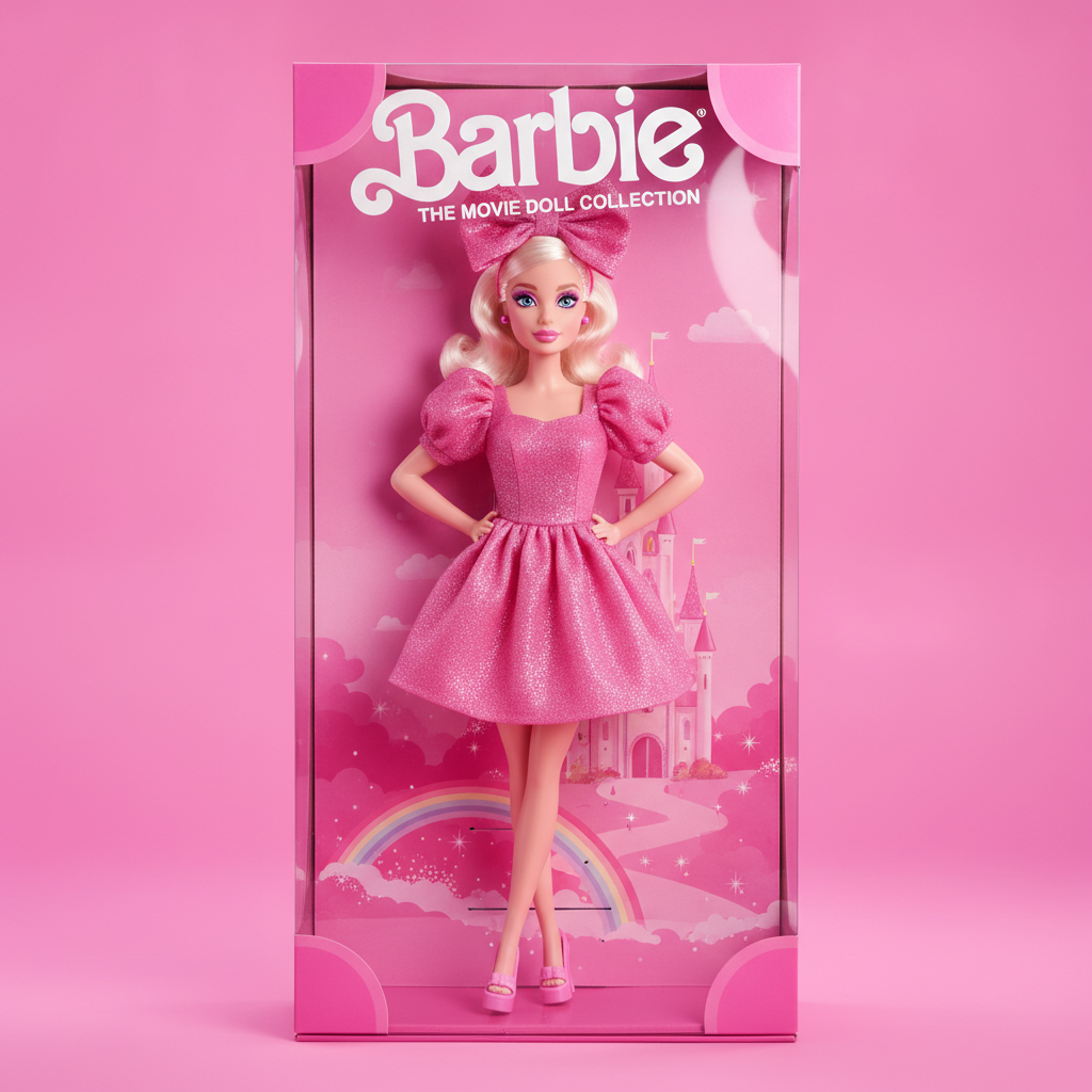 AI Barbie generator result showing a woman turned into a glamorous Barbie doll posed inside a glossy pink toy box with bold playful packaging