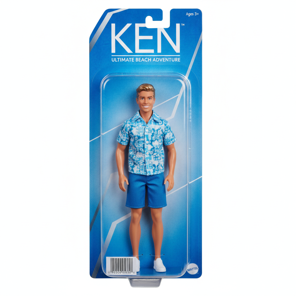 AI Barbie generator result showing a man turned into a Ken doll action figure inside a clear blister-pack toy box with blue accents