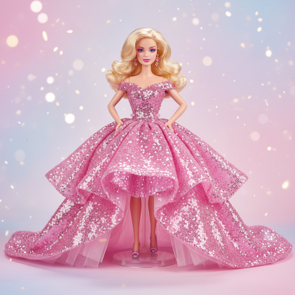 AI Barbie generator result showing a woman as a fashion Barbie doll in a sparkling pink ball gown against a dreamy pastel pink backdrop