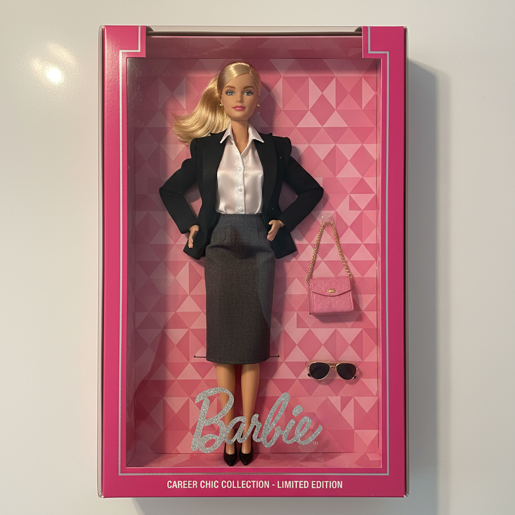 AI Barbie generator result showing a woman as a business Barbie doll with tiny handbag and sunglasses accessories inside a pink collector toy box