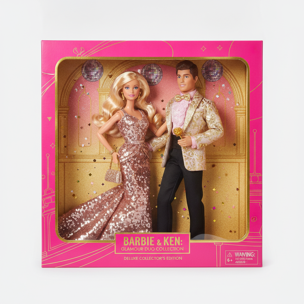 AI Barbie generator result showing a couple turned into matching Barbie and Ken dolls inside a deluxe pink and gold gift box set