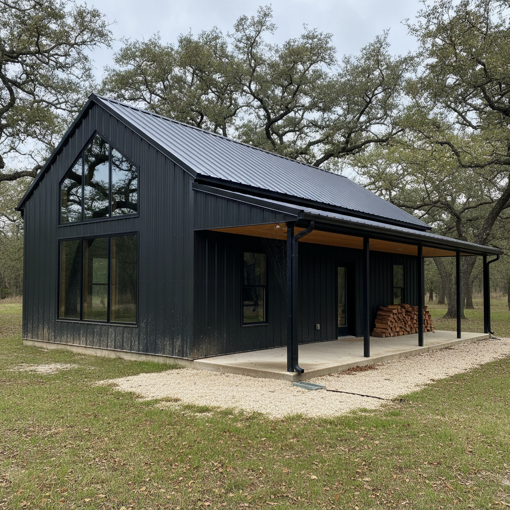 AI barndominium design generator result: a black metal barndominium with vertical ribbed walls streaked with mud splash, a steep charcoal standing-seam gable roof, a tall black-framed gable window, a covered porch on slim black steel posts with a cedar-boarded ceiling and a stack of split firewood against the wall.