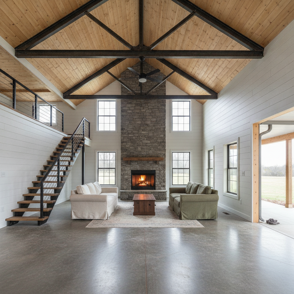 AI barndominium design generator result: a great room open to the roof, with white shiplap walls, a pine-boarded vault, exposed dark steel trusses bearing on the side walls, a stacked fieldstone chimney breast with a lit fire, a polished concrete floor and an open-tread steel and oak stair rising to a loft behind a black railing.