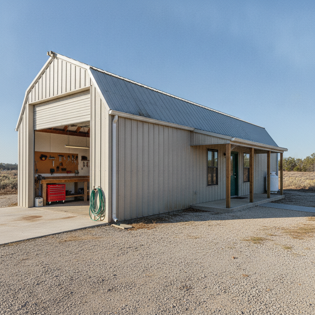 AI barndominium design generator result: a pale metal barndominium with a workshop at the near end, its overhead door rolled fully up to show a timber workbench, a pegboard of tools and a red rolling tool chest, and living quarters at the far end with a covered porch on timber posts and a dark green front door.