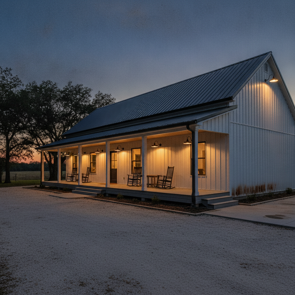 AI barndominium design generator result: a white metal barndominium farmhouse at blue dusk, its full-length covered porch lit by a row of black gooseneck barn lights each throwing a pool of warm light down the white wall, rocking chairs on the deck, a rust bloom streaking the gable end and live oaks silhouetted against the last orange light.