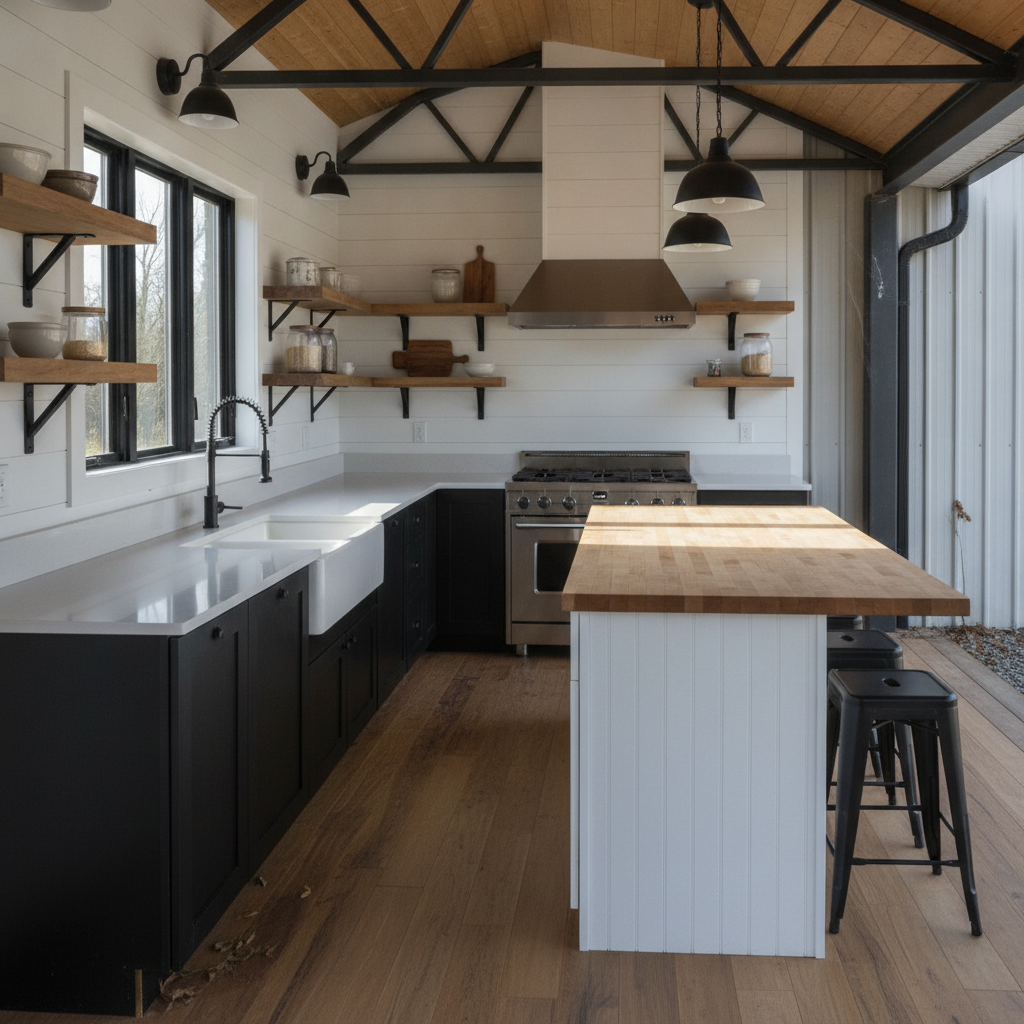 AI barndominium design generator result: a barndominium kitchen with black cabinets under a pale quartz worktop, a white fireclay apron sink, a stainless range flush in the run under a tapered hood, oak shelves on black brackets against white shiplap, a pale butcher-block island on a beadboard base and exposed steel trusses overhead.