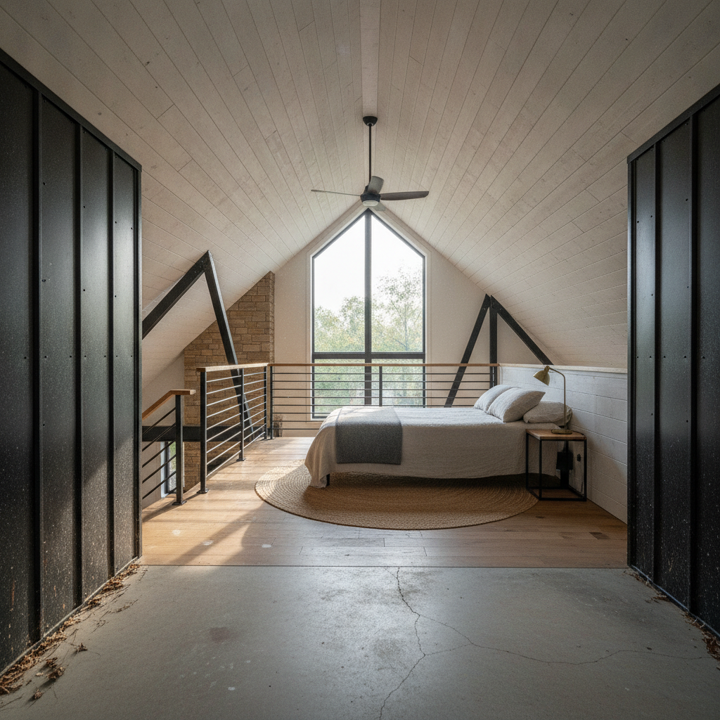 AI barndominium design generator result: a loft bedroom under a whitewashed pine roof slope, open on one side to the great room below behind a black steel railing, with a tall triangular gable window looking into treetops, a linen bed with a grey wool blanket, a jute rug and a ceiling fan on a rod.