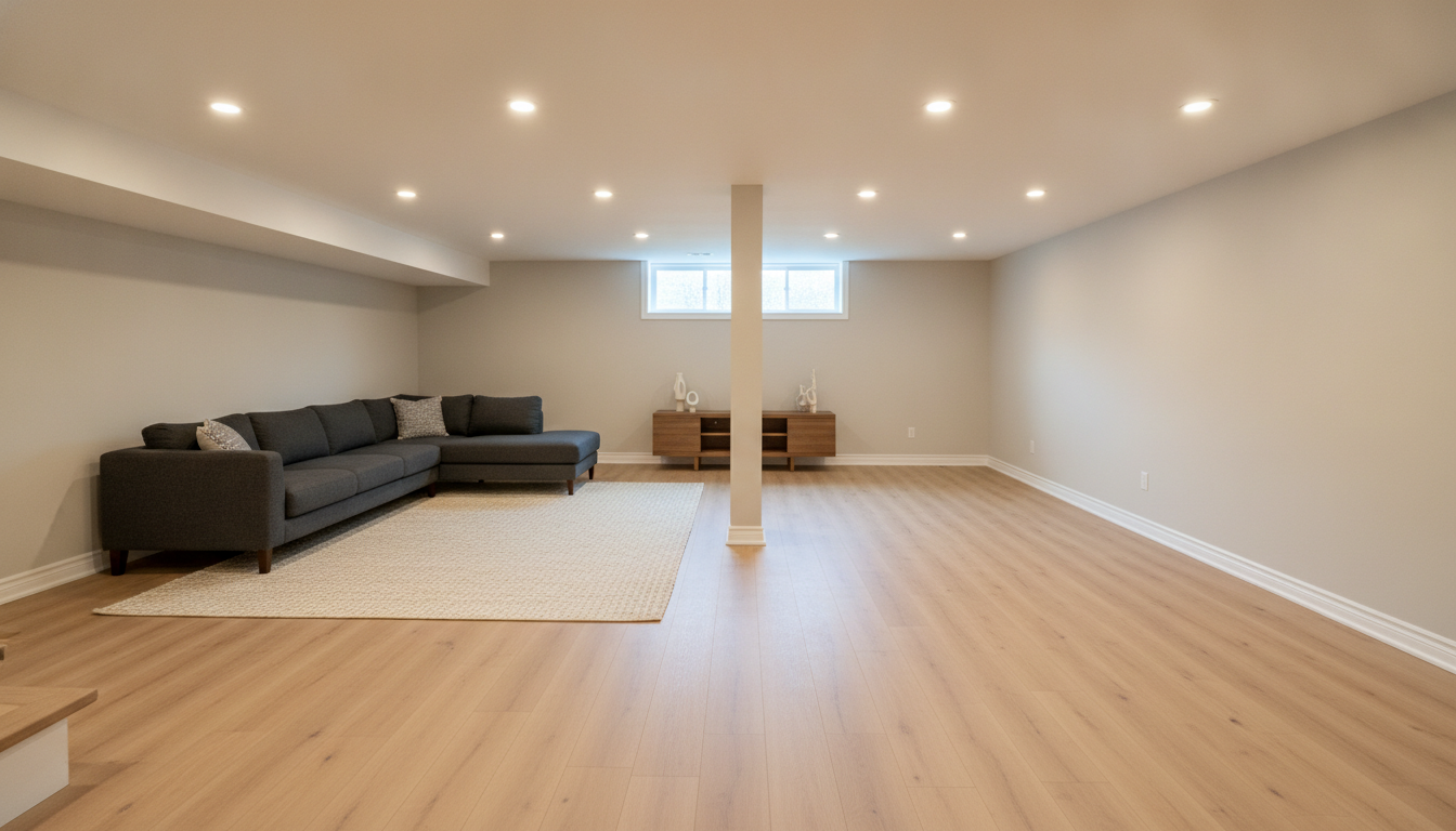 AI basement design generator result: a finished basement family room with pale grey walls, light oak plank flooring, a charcoal sectional on a woven rug, a walnut media console and a drywall wrapped column in the middle of the floor. The finish work is excellent. The plank flooring runs in one consistent direction with believable grain, the baseboard carries around the whole room without a break, the column has a proper base trim and the boxed soffit down the left hand side is exactly the kind of thing a real basement needs. Then it stops behaving like a basement. The ceiling is far too high for one, and apart from that single soffit it is completely empty — no trunk duct, no waste stack, no beam over the column, which is the one thing a column exists to hold up. The soffit itself runs partway along the ceiling and dies against nothing. The downlights were specified as two even rows and came back as eleven lights scattered in a loose constellation with no two gaps the same. The window is a narrow slider looking straight out at green treetops with no window well at all, which puts its sill at ground level, and it is nowhere near large enough to be a legal egress opening. There are no stairs in a shot taken from the bottom of the stairs.