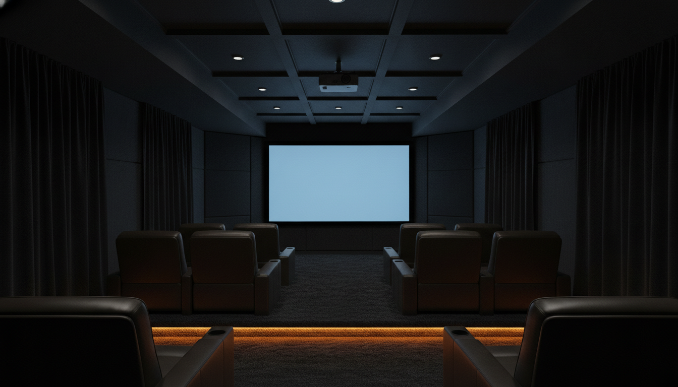 AI basement design generator result: a dark basement home cinema with a glowing projection screen, black fabric acoustic panels, dark leather recliners, a coffered ceiling with a ceiling mounted projector and an amber strip of step lighting across a carpeted riser. This is the best lit image in the set and the strongest argument for generating the dark version of a room at all. The falloff from the screen into the corners is right, the amber wash on the carpet nap is right, the acoustic panels and the heavy side curtains read as fabric rather than as painted walls, and the whole thing is genuinely close to what a finished cinema room looks like with the lights down. Counted against the brief it drifts everywhere. Two tiered rows were asked for and three ranks of seating arrived, with a centre aisle that only exists in the middle rank. The lit riser runs across the front of the foreground seats instead of between the two rows. The coffers in the ceiling are different sizes, and the downlights inside them are not symmetric left to right — some coffers have two, some have none. The projector sits far too close to the screen for a room this deep. And, as always, there is not a duct, a soffit or an equipment rack anywhere in a room that would need all three.