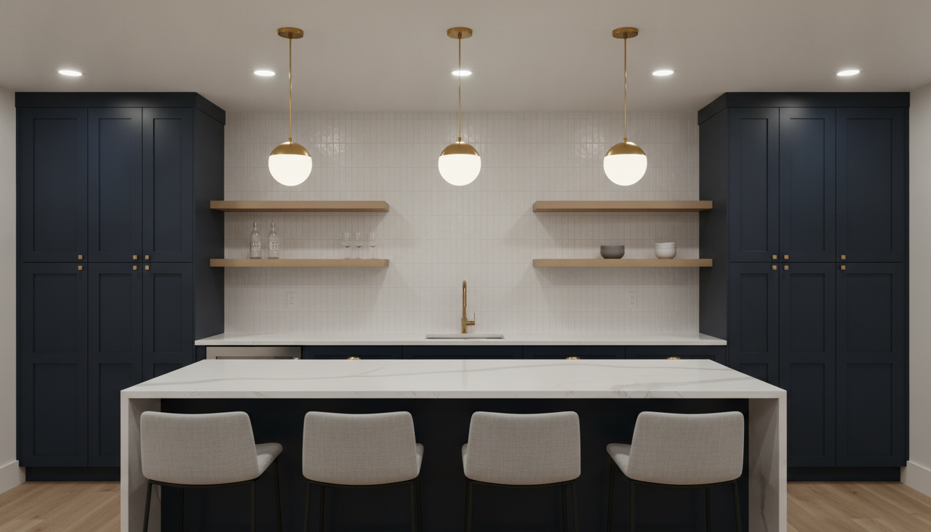 AI basement design generator result: a basement bar and kitchenette with dark navy shaker cabinetry, a white quartz worktop and island, a stacked white tile backsplash, oak open shelving, three brass globe pendants and four upholstered stools. As a material board it is the most saleable image on the page. The quartz veining runs correctly across the island and the counter behind it, the brass reads as brass, the tile has real glaze and grout, and the navy is consistent from the tall cabinets at both ends to the base run. As a plan it is not a wet bar at all — it is a full kitchen with an island, and the island is pushed so tight against the base run that nobody could open the undercounter fridge or stand at the sink. Three pendants were asked for and three arrived, which is rare, but they are spaced for the sink rather than the island and they do not relate to the four stools underneath them. Five downlights sit at five different spacings. The two pairs of open shelves are different lengths and land at slightly different heights. Cabinet pulls are present on some doors and missing on others. And there is nothing in the frame — no column, no soffit, no low ceiling — that says basement.